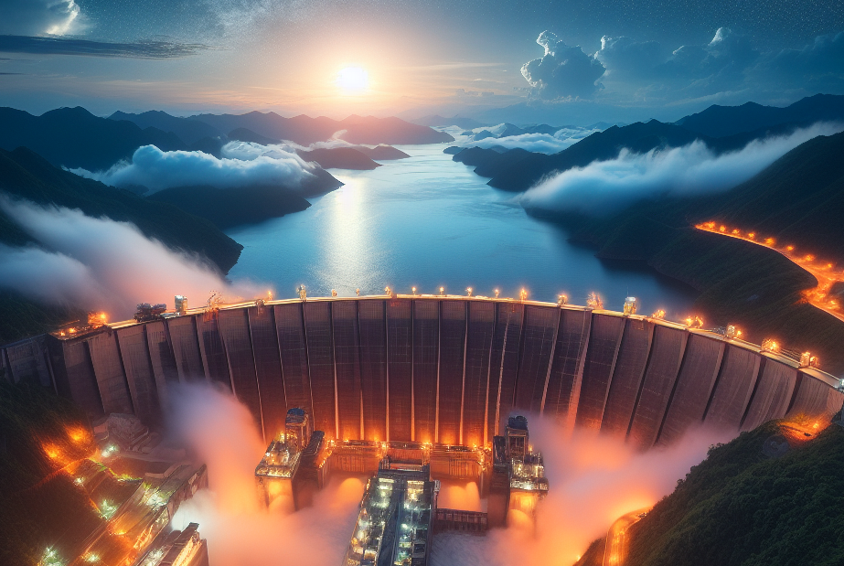 Hydroelectric Dam, glowing at night