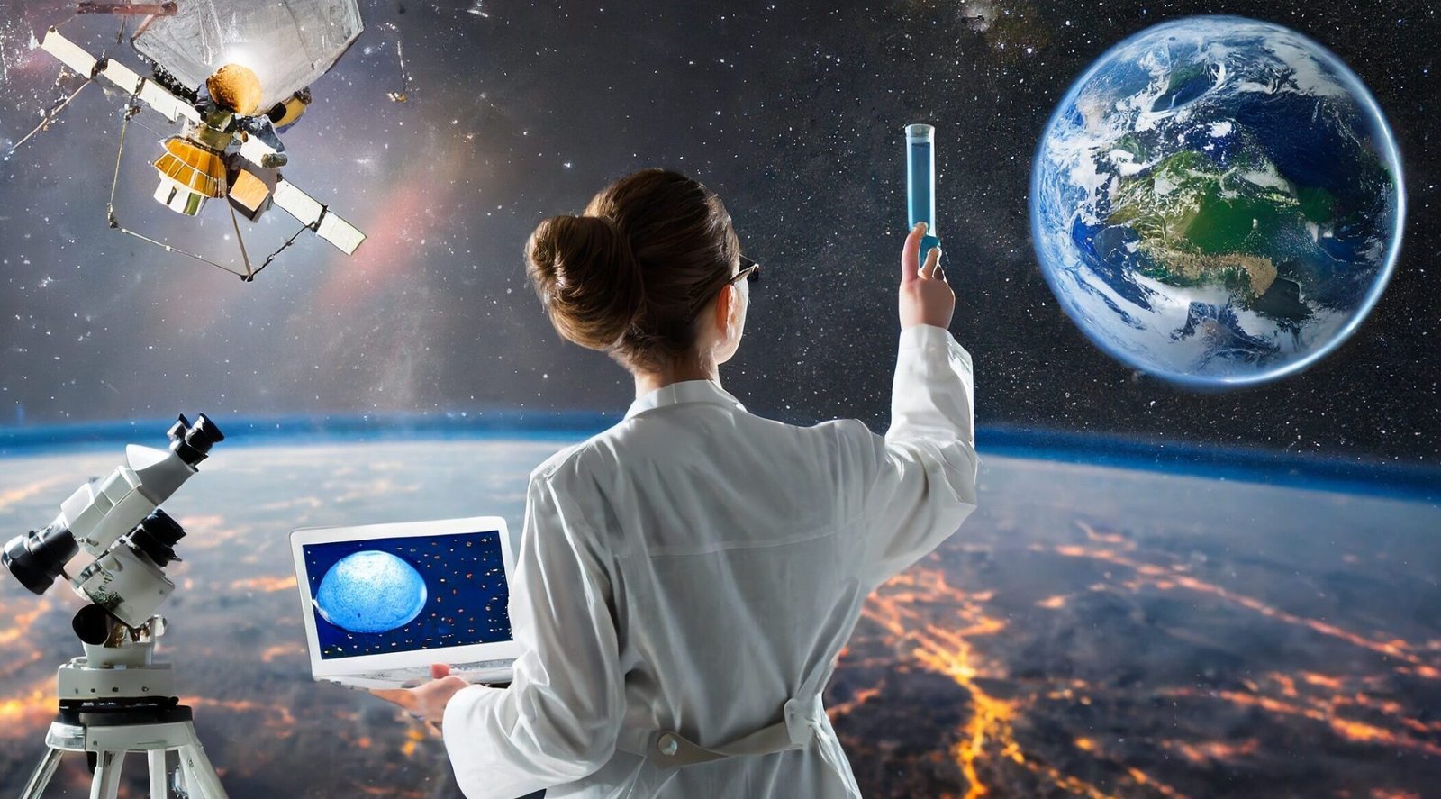 Lady scientist, with her equipment looking over the earth and space