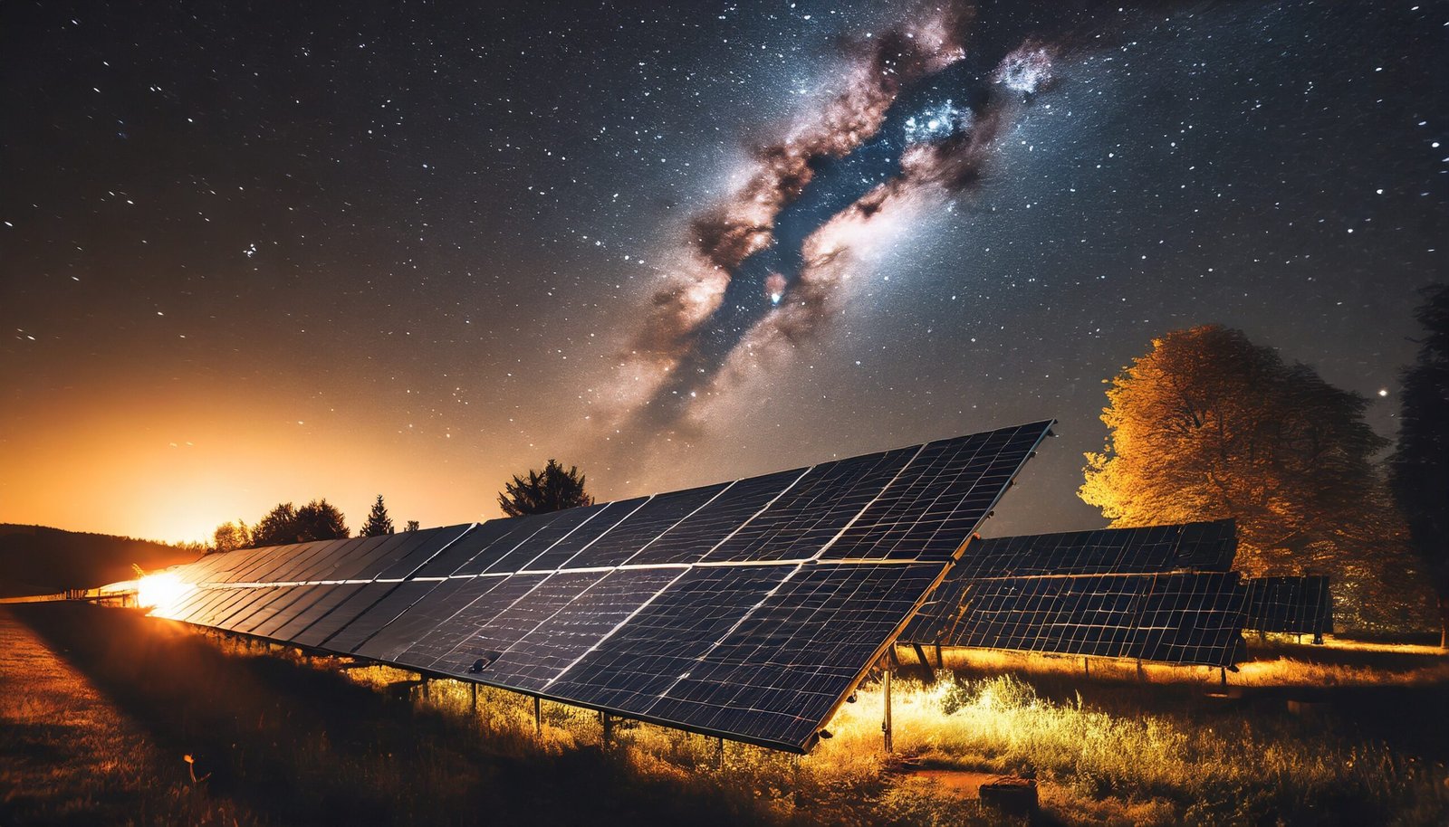Solar panel array at night with the milky way in the sky