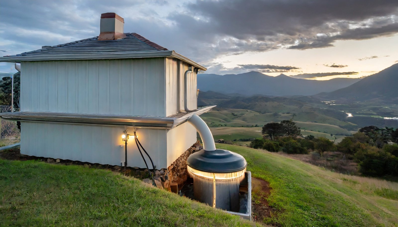 House with a rain water harvesting system with hills and mountain in the distance 