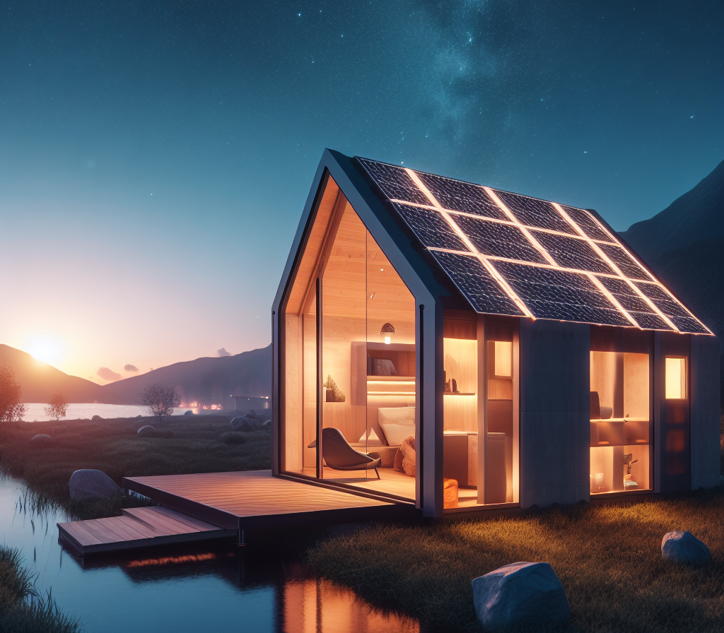 Modern Tiny Home with solar at dusk