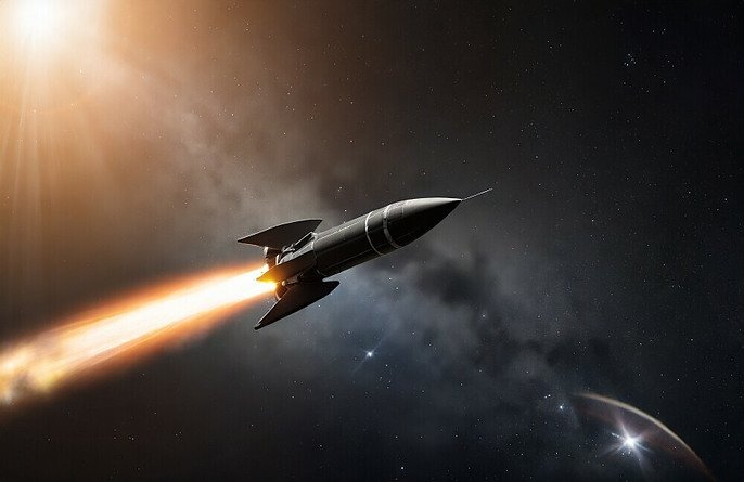 Black rocket flying through space with solar flaire