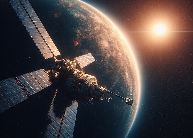 Spacecraft in the black of space and the sun going behind a planet