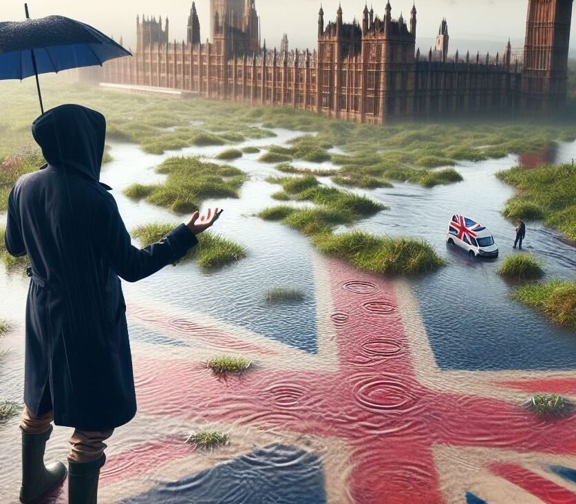 Man standing in a puddle in the rain in front of the houses of parliament.
