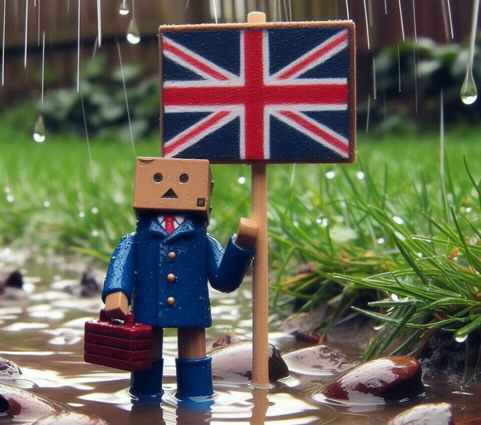 Toy standing in a puddle holding a British flag