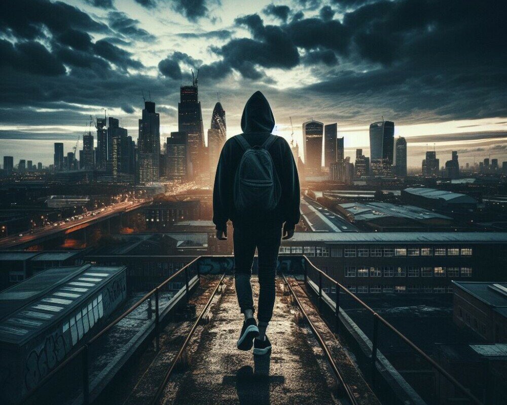Urban city and man with a backpack