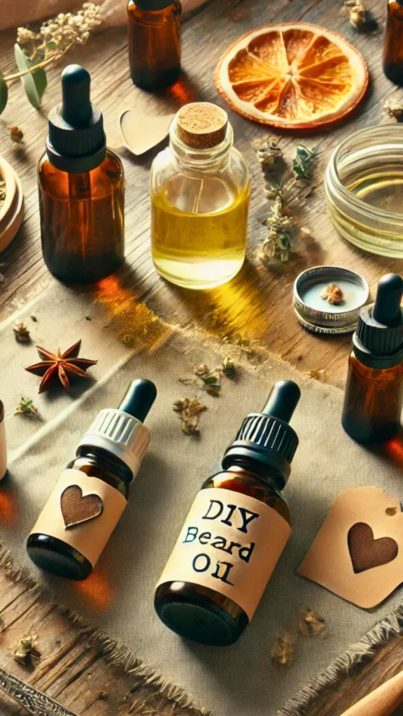 DIY beard oil in glass bottle with natural ingredients for a personalized Valentine's gift