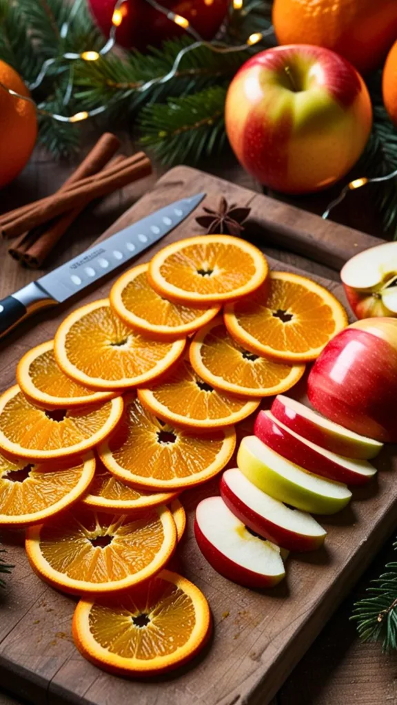 Fresh orange and apple slices being prepared on a wooden cutting board for drying as Christmas tree decorations.