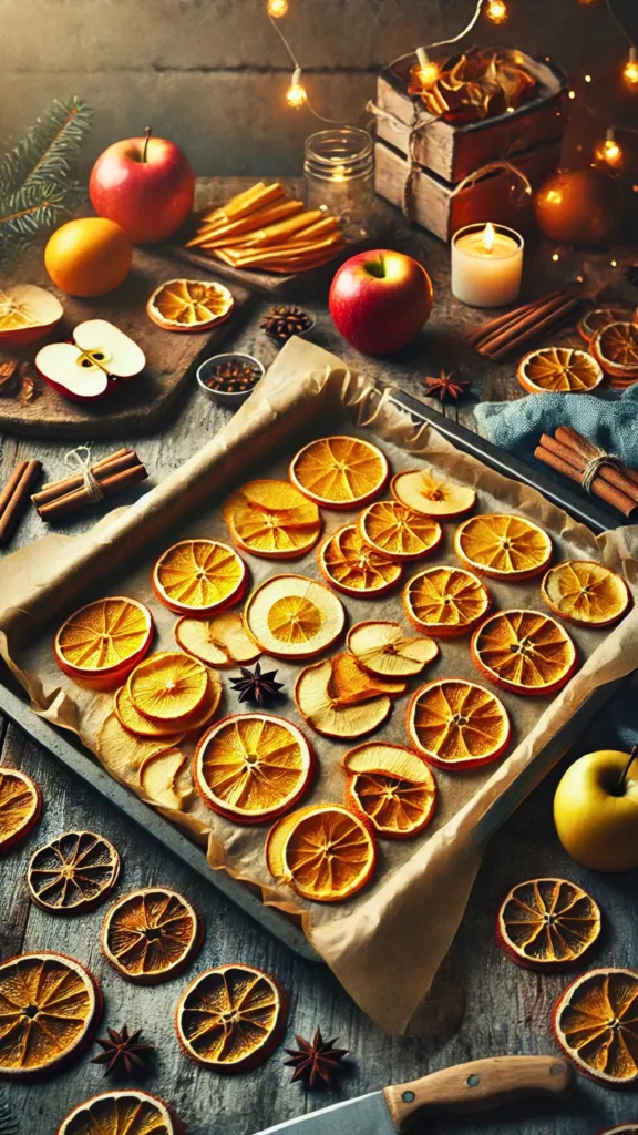 Orange and apple slices neatly arranged on a baking sheet lined with parchment paper, ready to go in the oven.