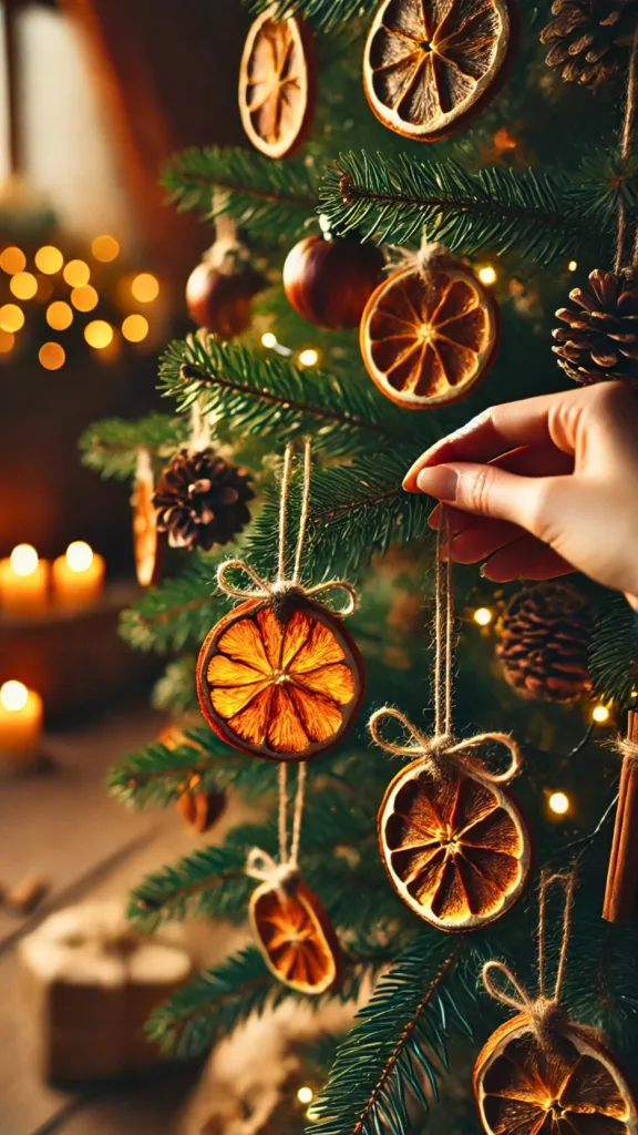 Dried orange slices tied with twine being hung as natural decorations on a Christmas tree.