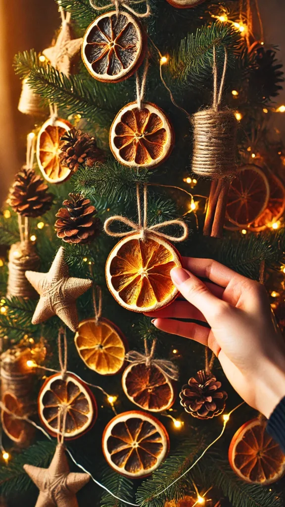 Dried orange slices tied with twine being hung as natural decorations on a Christmas tree.