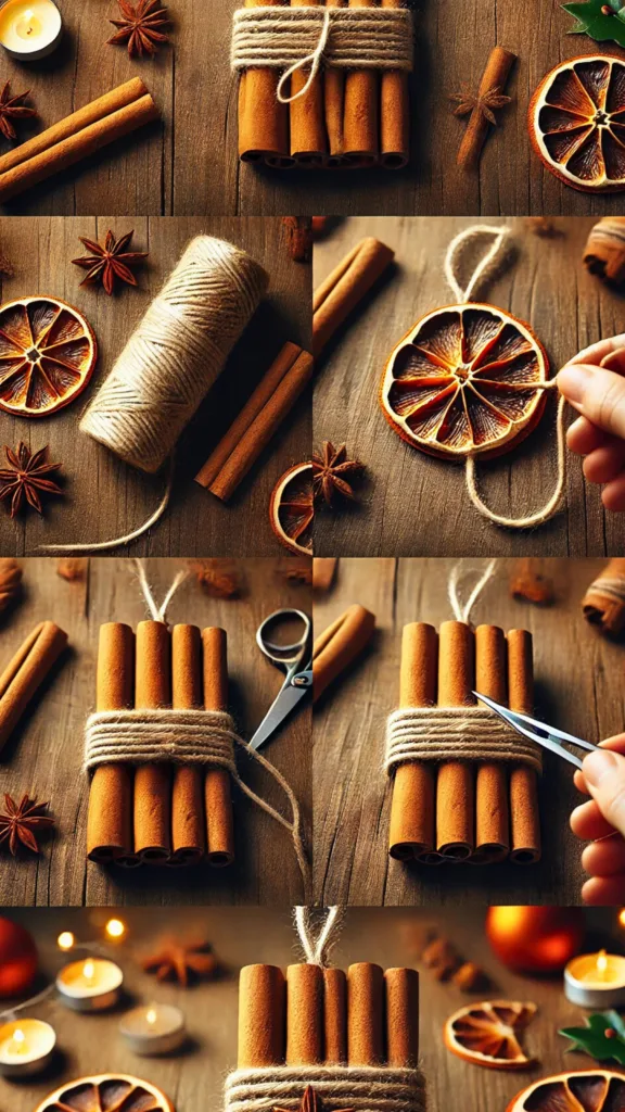 Step-by-step process of tying cinnamon sticks together with twine for a rustic Christmas ornament