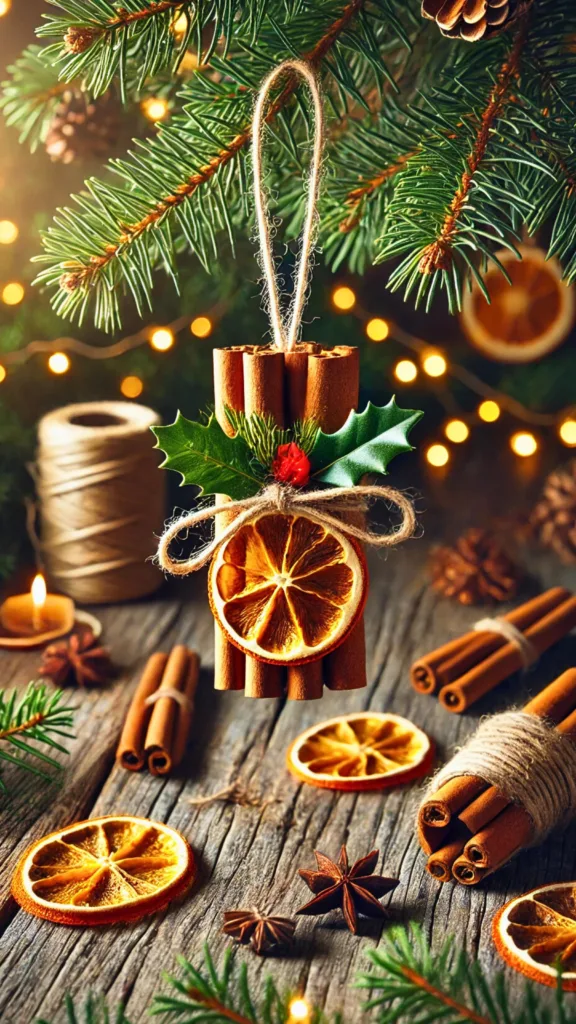 Completed cinnamon stick ornament hanging from a Christmas tree branch with festive lights in the background