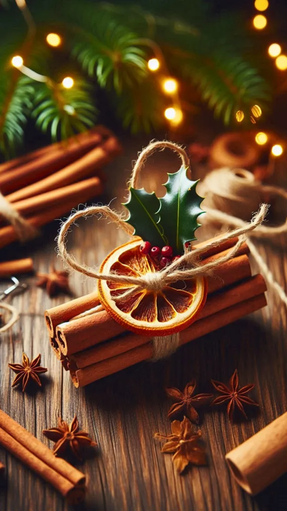 Cinnamon stick ornament tied with twine and decorated with a dried orange slice and holly sprig on a wooden table