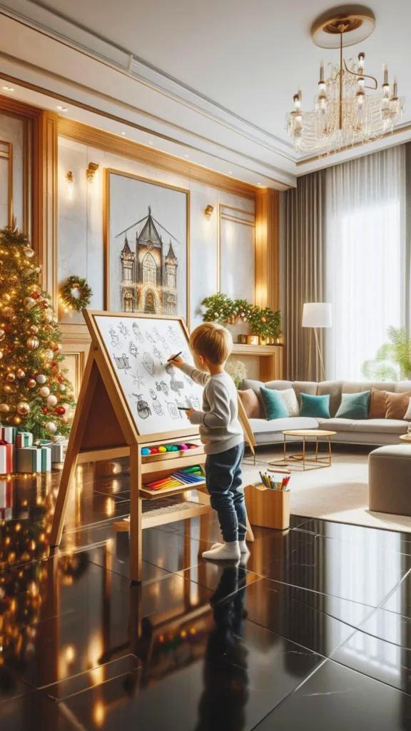 A festive room with a child standing at a wooden art easel, painting holiday-themed crafts on a roll of paper, surrounded by holiday art supplies and decorations.