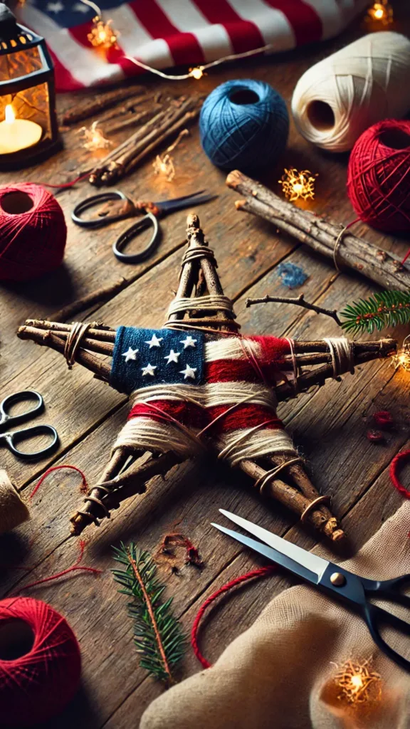wigs arranged into a star shape, partially wrapped with red, white, and blue yarn for an American flag-inspired ornament