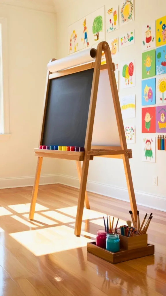 A wooden eco-friendly art easel in a cozy kids' room with art supplies neatly arranged, surrounded by natural light and colorful kid-made artwork on the walls.
