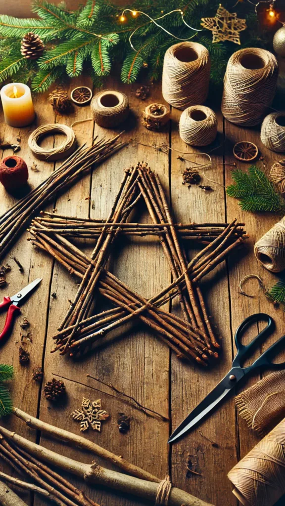 Crafting materials like twigs, yarn, and twine on a wooden table for making a Christmas star ornament.