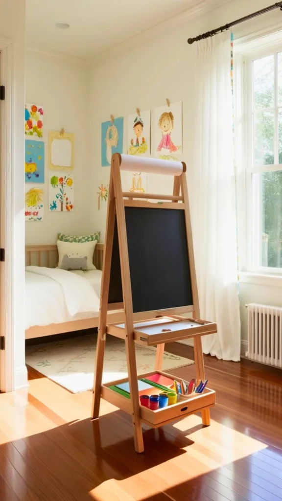 A wooden eco-friendly art easel in a cozy kids' room with art supplies neatly arranged, surrounded by natural light and colorful kid-made artwork on the walls.