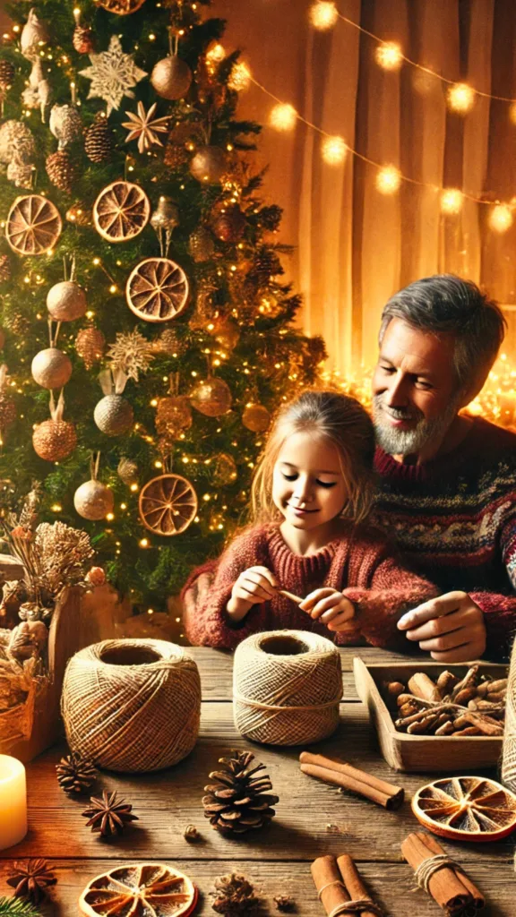 Family crafting eco-friendly Christmas decorations with dried oranges, cinnamon sticks, and pinecones at a rustic table
