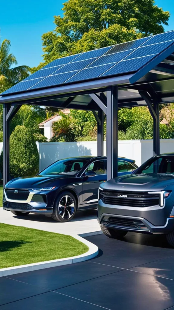 A spacious two-car solar carport with extended side panels, protecting electric vehicles in a sunny backyard.