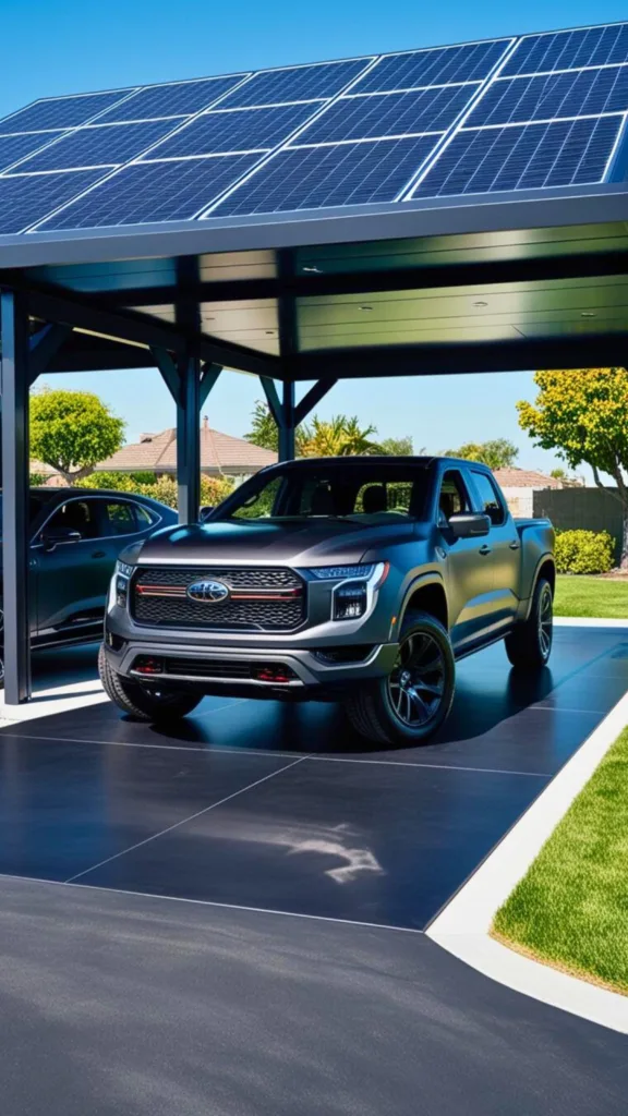 A bold futuristic electric pickup truck in matte grey, parked under a modern solar carport with a dark, modern driveway.