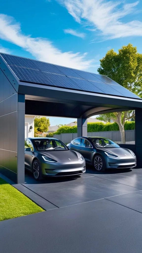 A spacious two-car solar carport with extended side panels, protecting electric vehicles in a sunny backyard.