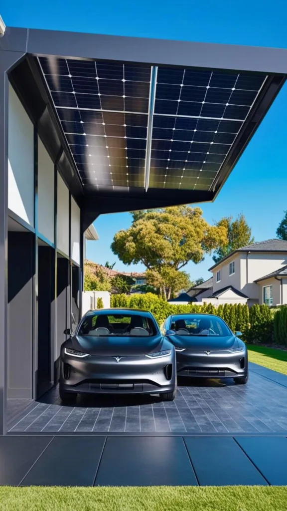 A spacious two-car solar carport with extended side panels, protecting electric vehicles in a sunny backyard.