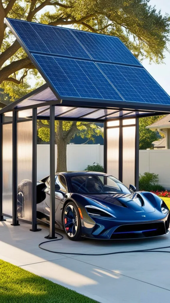 High-efficiency solar panels on the roof of a carport, capturing sunlight for sustainable energy use