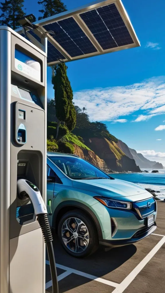 Ev charging point by a stunning backdrop of the sea.