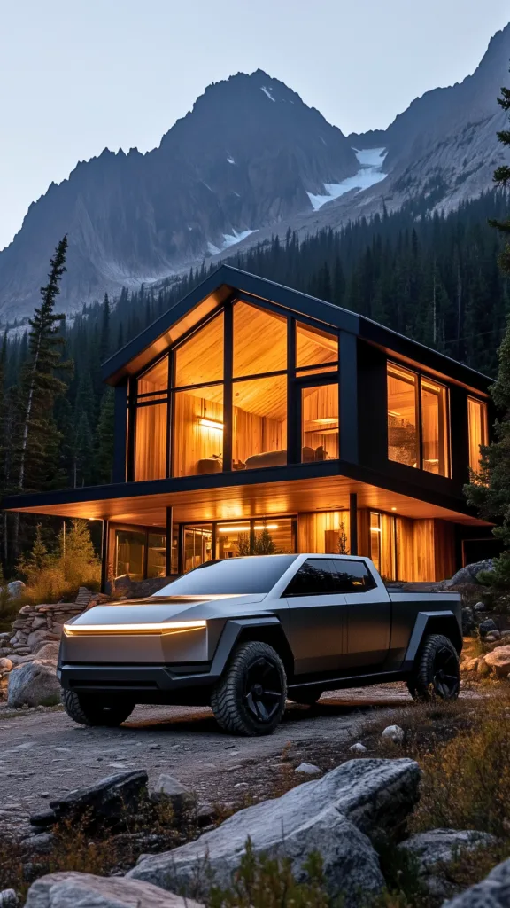 Futuristic electric pickup truck parked outside a warmly lit off-grid cabin nestled in a remote mountain landscape.