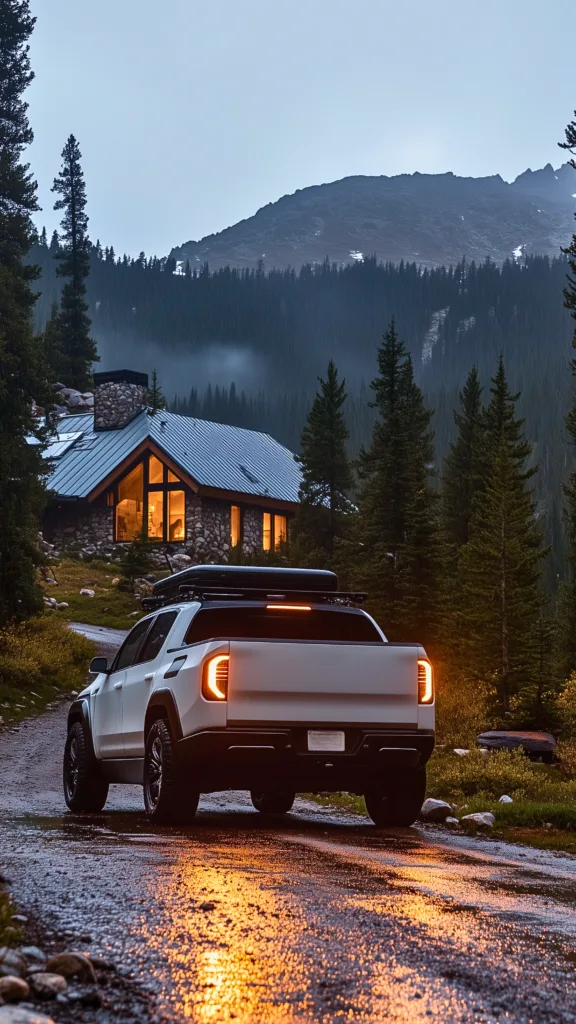 Modern electric pickup truck parked on a wet mountain trail near a glowing off-grid cabin with solar panels