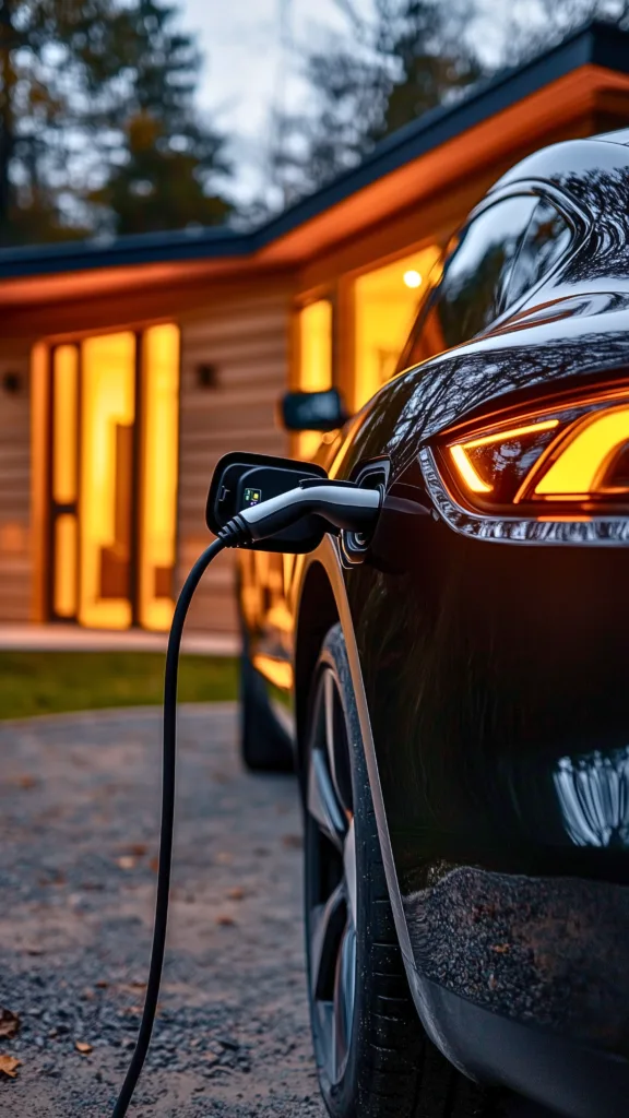 Close-up of an electric vehicle charging outside a warmly lit off-grid home at dusk.
