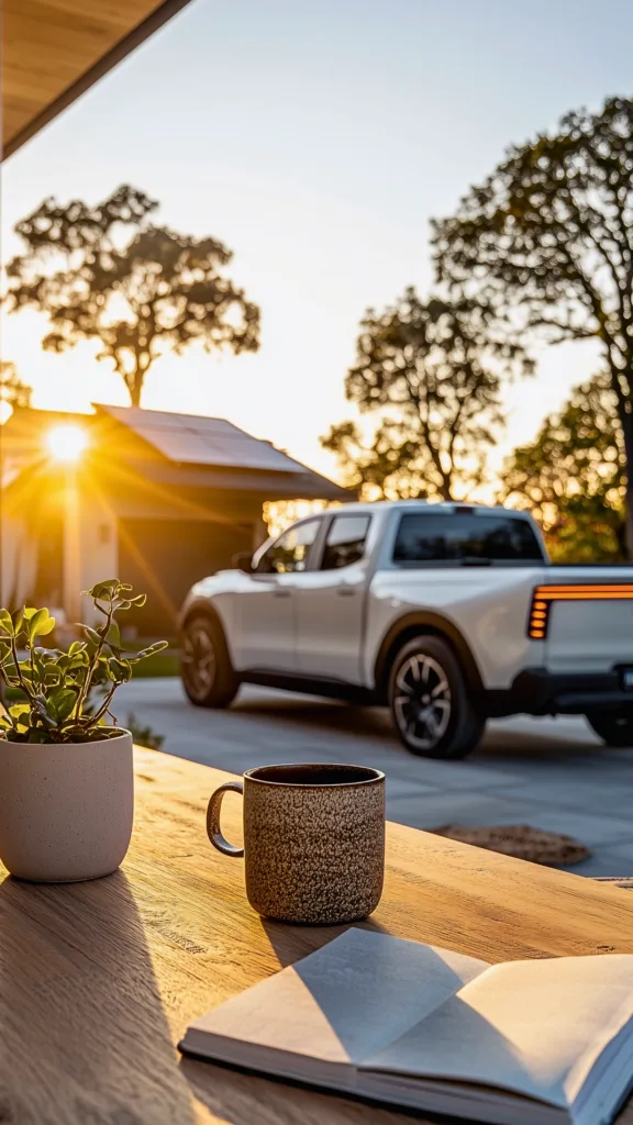 Sunrise over an off-grid solar home with an electric pickup truck, viewed from a cozy outdoor table with coffee and a journal.