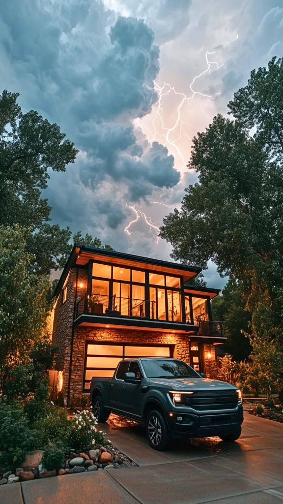 Electric pickup truck parked outside a modern off-grid home during a dramatic lightning storm.