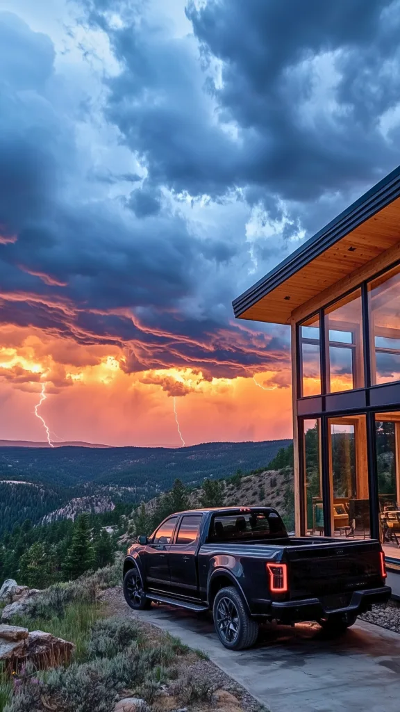 Electric pickup truck parked beside a modern off-grid home overlooking the mountains during a dramatic sunset lightning storm